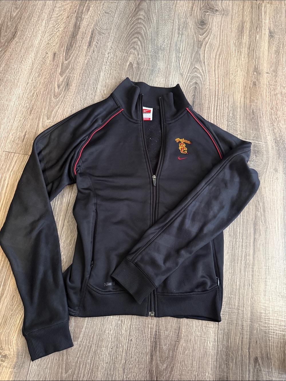 Nike Fit Black Lightweight Full-Zip Track Jacket with Red Piping-Trojans SC